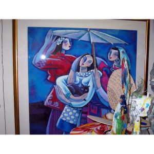 Three Girls with Black Cat, unframed by Yihang Pan gouache on paper