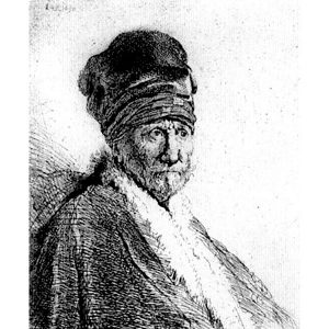 Bust of a Man Wearing a High Cap by Rembrandt etching
