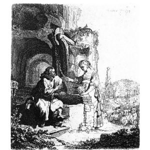 Christ and the Woman of Samaria, Among Ruins by Rembrandt etching
