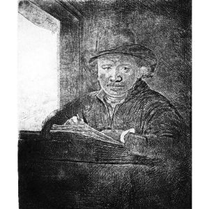 Self Portrait, Drawing at a Window by Rembrandt etching
