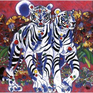 White Tigers by Jiang Tie-Feng white tigers is a serigraph on canvas released in 1996.